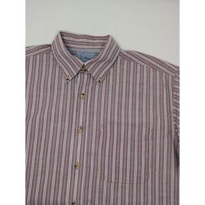 LL Bean Striped Button Down Shirt M Tall Short Sleeve Cotton Red Blue White
